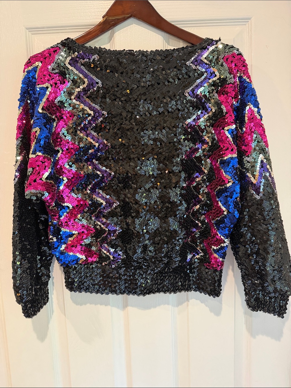 Sequin Zigzag Boatneck Top - Black with Pink & Blue Accents